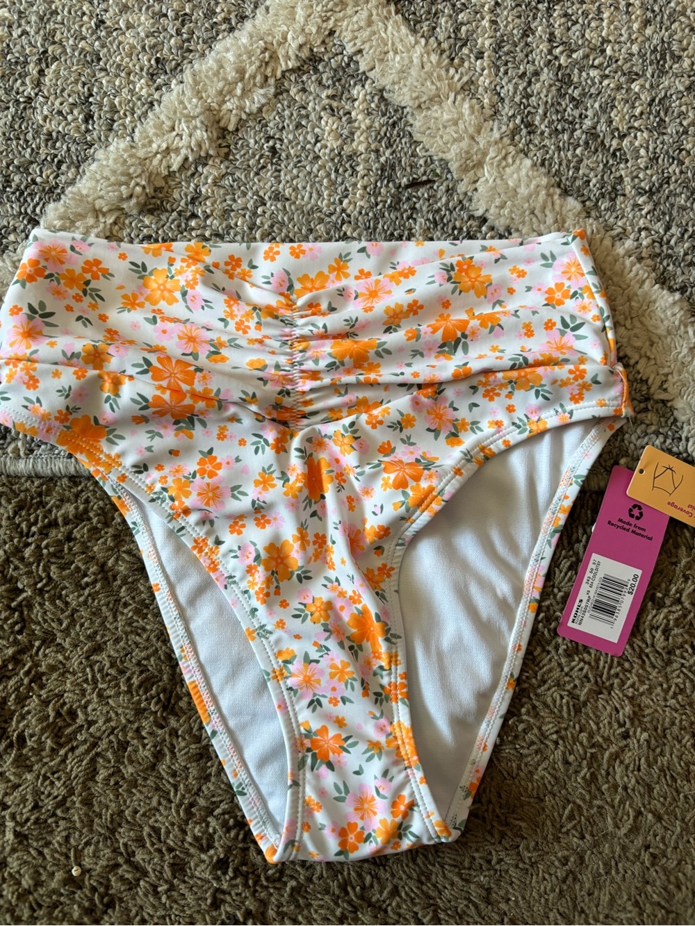High-Waist Floral Swim Bottoms - Orange & White